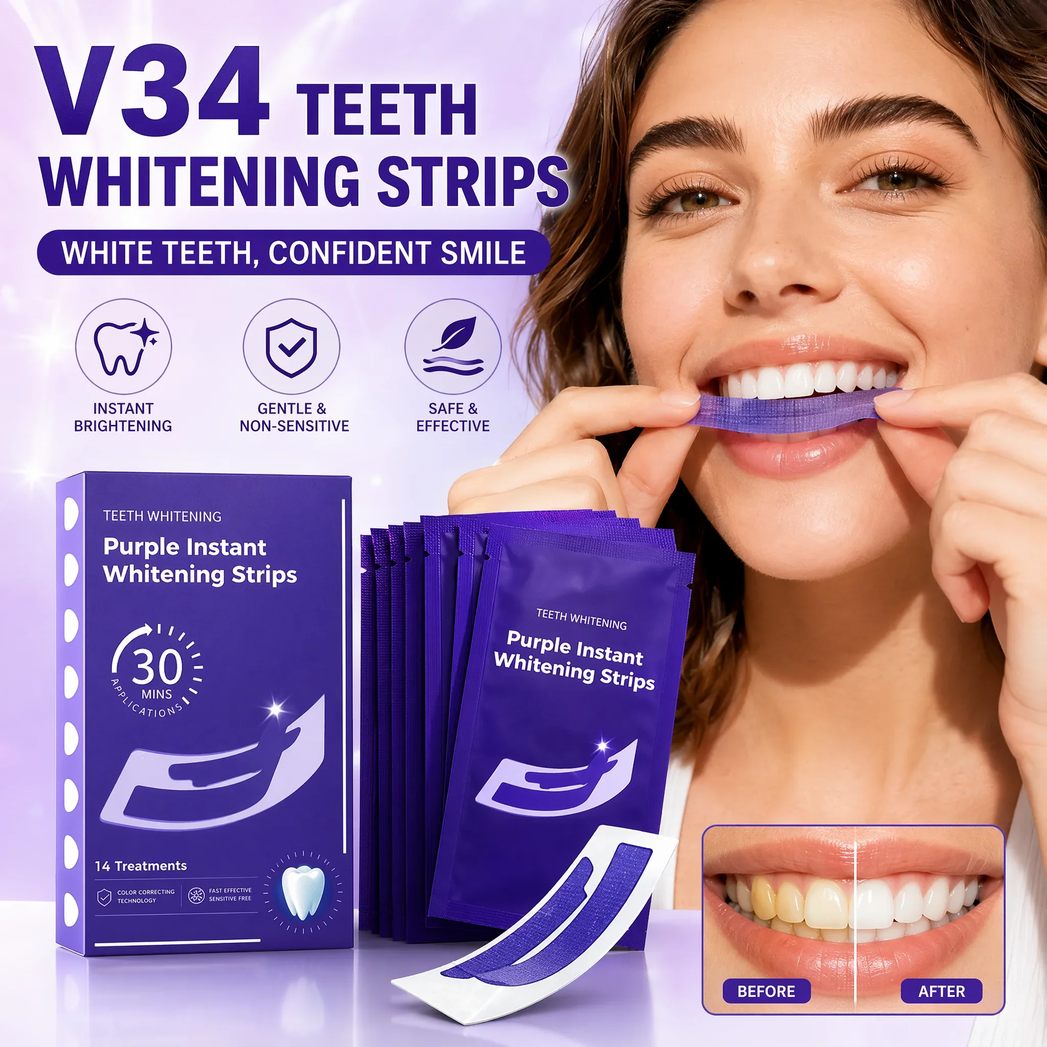 14/56/70Pairs  Purple Teeth Whitening Strip No Sensitive Teeth Bleaching Strip Colour Corrector Teeth Clean Strip Teeth Whiter