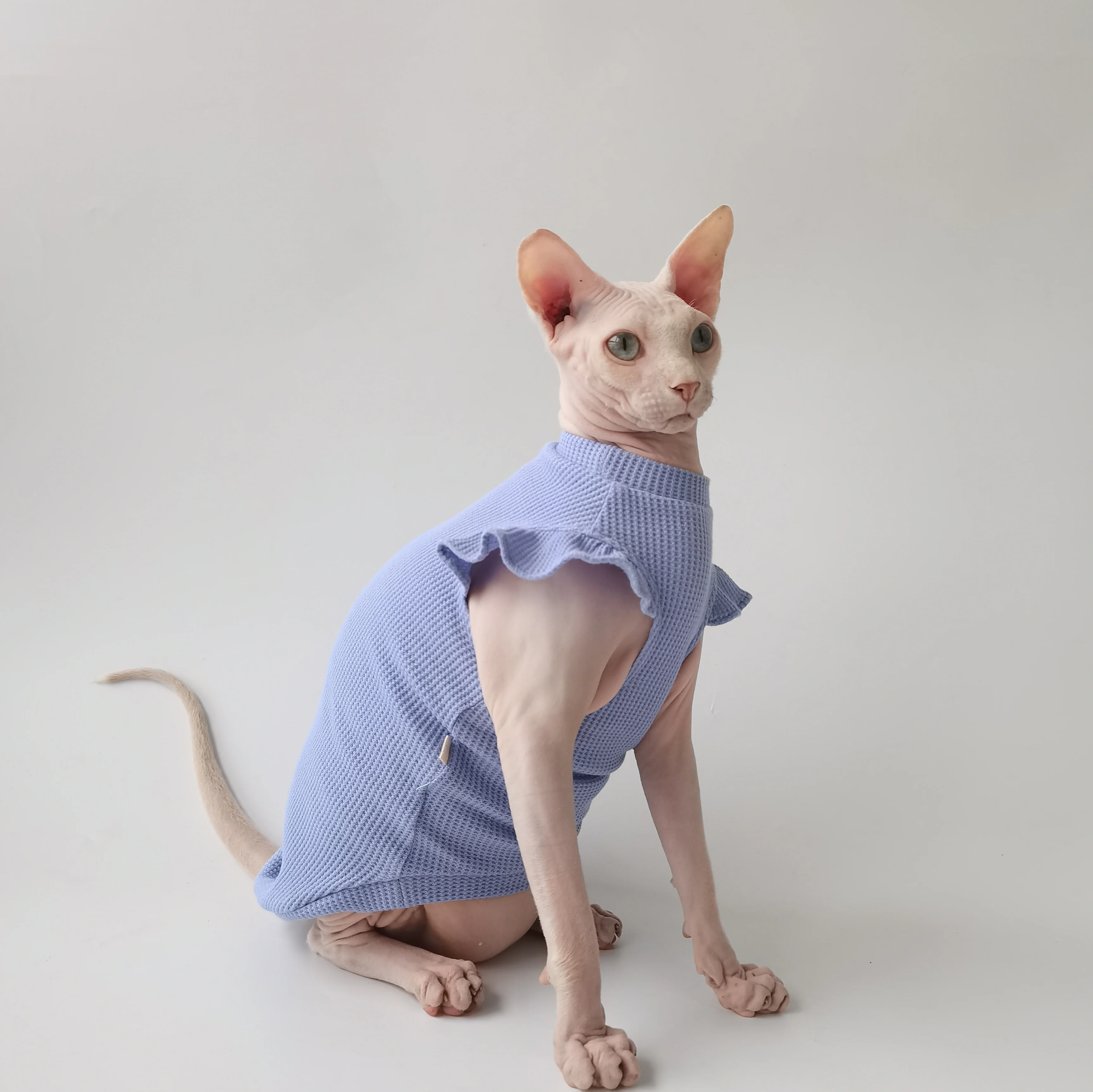 

Premium 100% Cotton Adjustable Vest & Pink Pajamas for Sphynx & Devon Rex - Spring/Summer Blue Dress for Hairless Cats