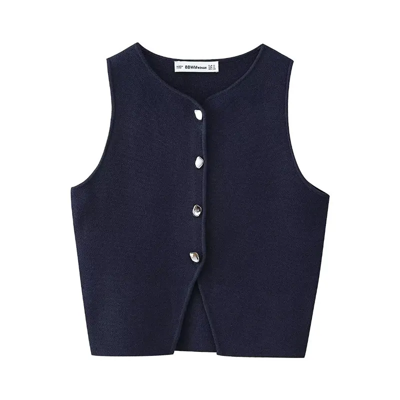 Short Waistcoat Women Fashion Spring Summer Knitted Sleeveless Tank Top European and American Style Sexy O Neck Button Woman Top