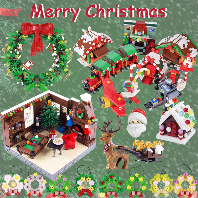 MOC Christmas Decorations Flower Wreath Building Block Santa Claus Sled  Elk Mini Bricks Festival Gift Snowman Children\'s Toy