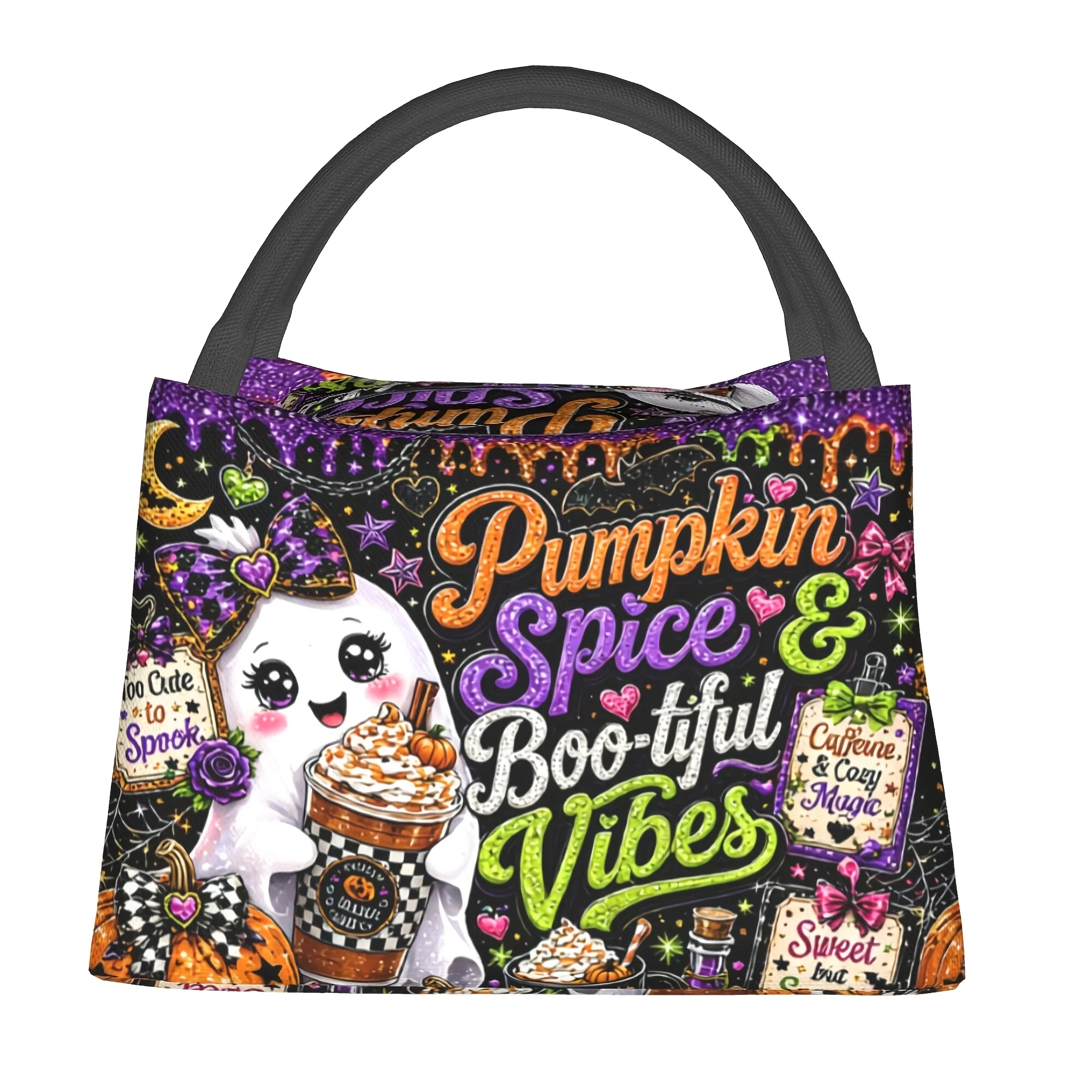 1pc Pumpkin Spice and Cute Print Insulated Lunch Bag, Reusable Tote Design, Multi-functional Insulated Cooler Bag Easy-to-Clean