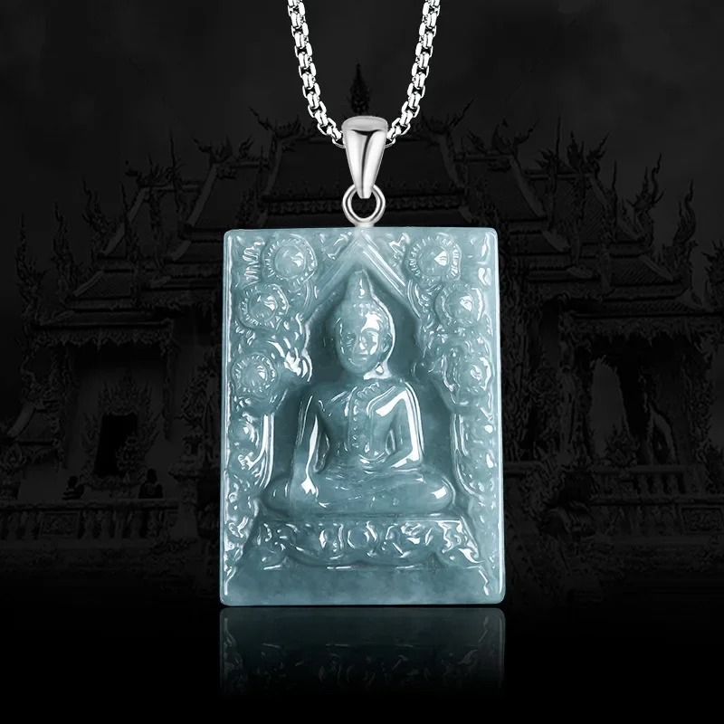 

Jia Le/ Hand-carved/ 925 Silver Inlaid Natural Blue Water Jade Buddha Brand Necklace Pendant Men and Women Couple Fashion Amulet