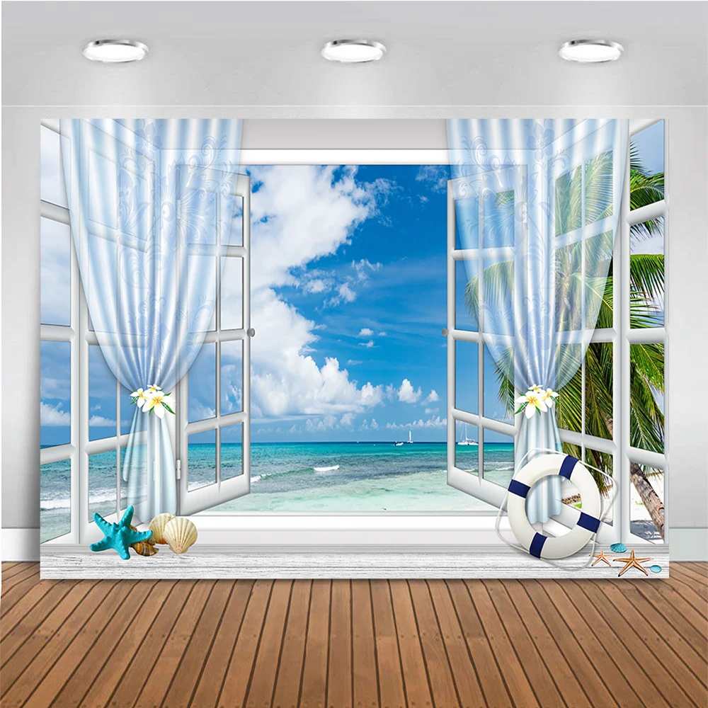 Mocsicka Window Blue Sky Sea side Beach Portrait Background Adult Kids Girl Summer Backdrop White Clouds Starfish Photostudio