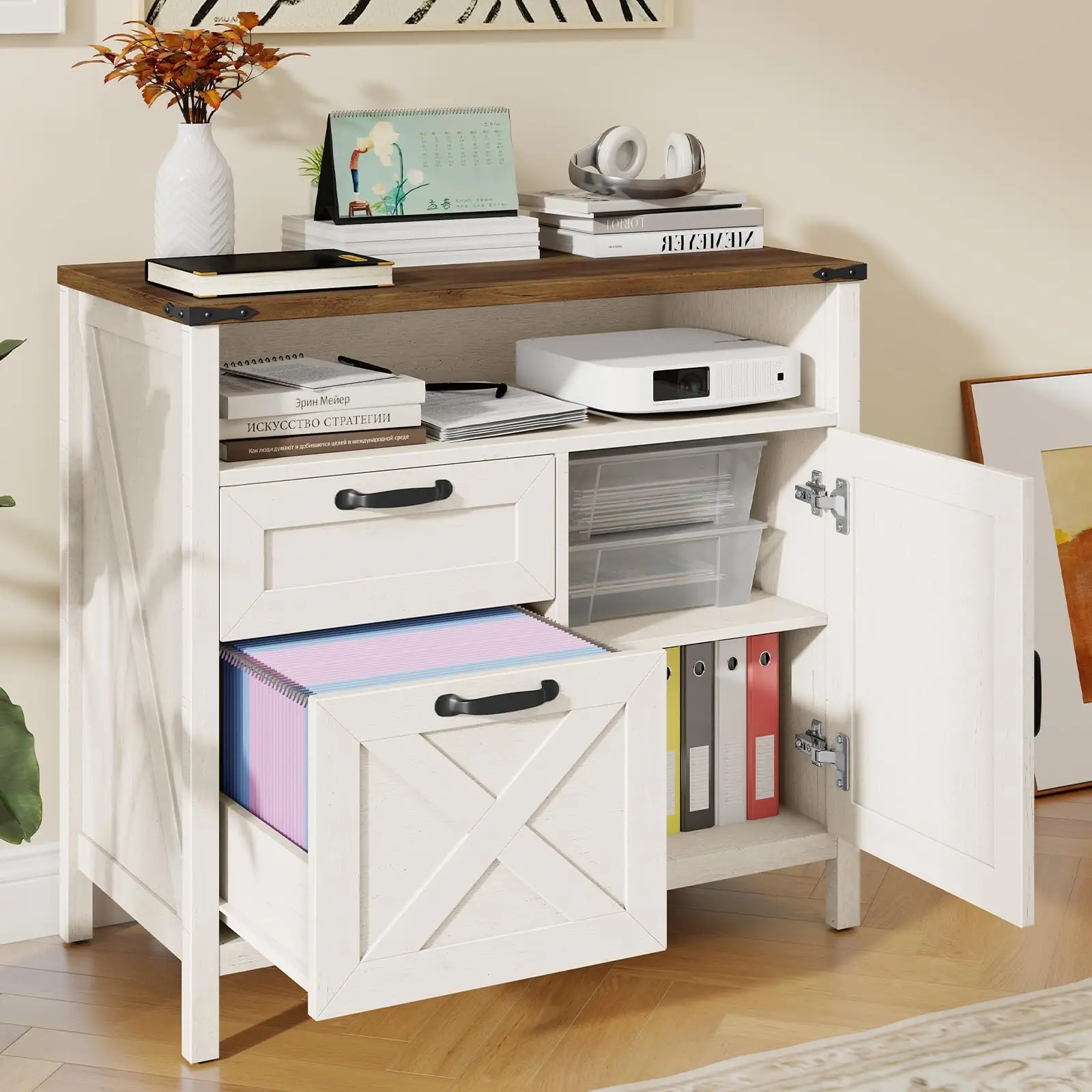 Vabches zijarchiefkast met 2 lades en staandeur Archiefkast voor A4/Letter-formaat houten archiefkast voor thuiskantoor
