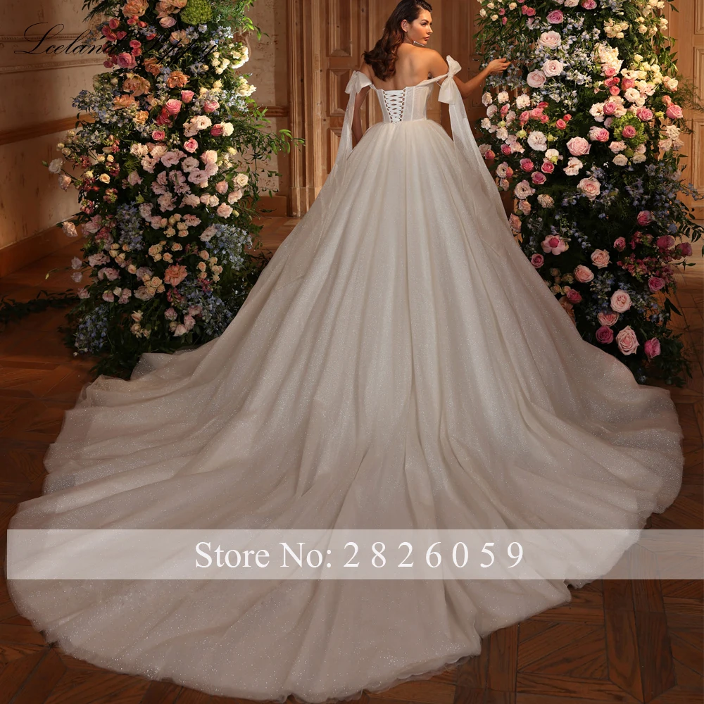 Lceland Poppy Customized Ball Gown Off the Shoulder Wedding Dresses Glitter Tulle Floor Length Pleated Bridal Gowns