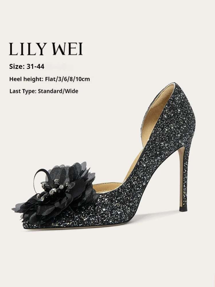 

Spring and summer new pointed sequins rhinestone flower flat shoes thin high-heeled banquet large size small size women's sandal