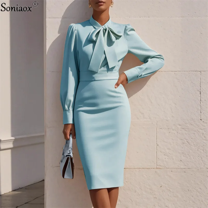 

Autumn Women Elegant Fashion O Neck Long Sleeve Solid Color Dress Ladies Slim Waist Hip Knee Length Long Dress Streetwear 2025