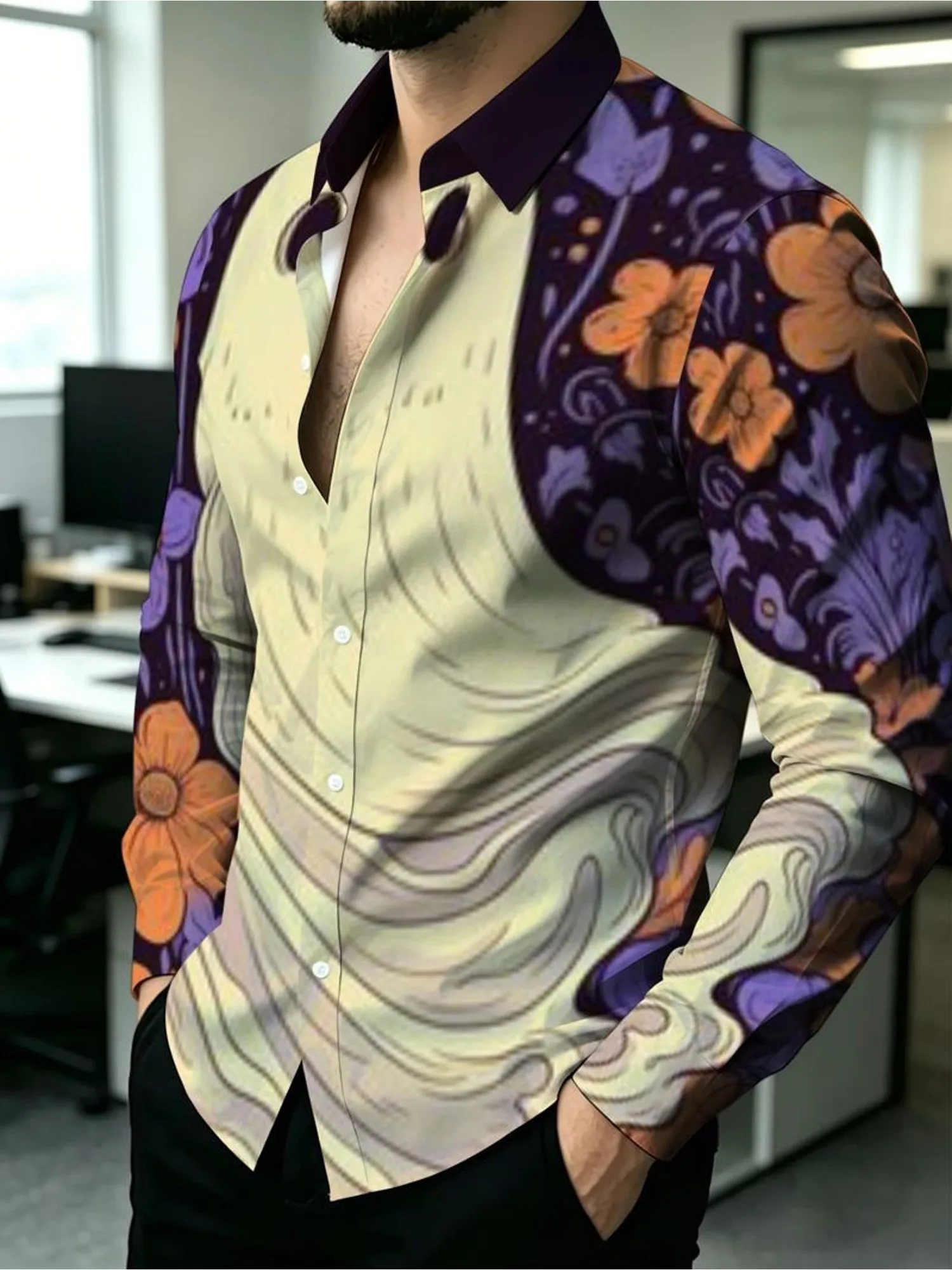 Men Long Sleeve Stand Collar Shirt Purple Ghost Floral Print Polyester Gothic Halloween Party