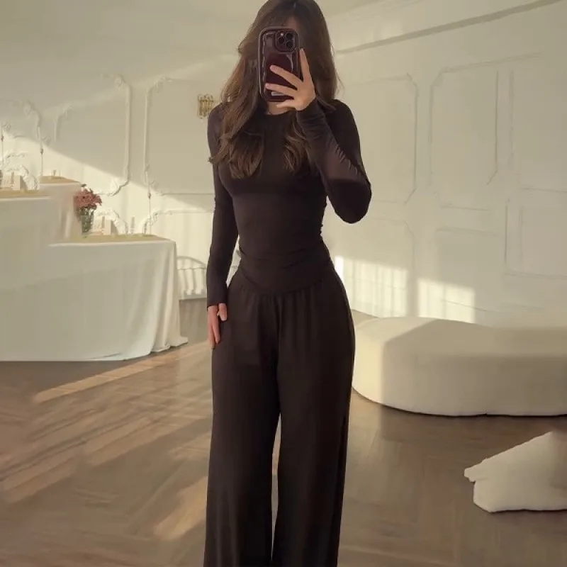 Women's Fashionable Round Neck Long Sleeve Elastic Waist Pants Set Casual Style Two-Piece Suit Autumn Collection Trendy Outfit