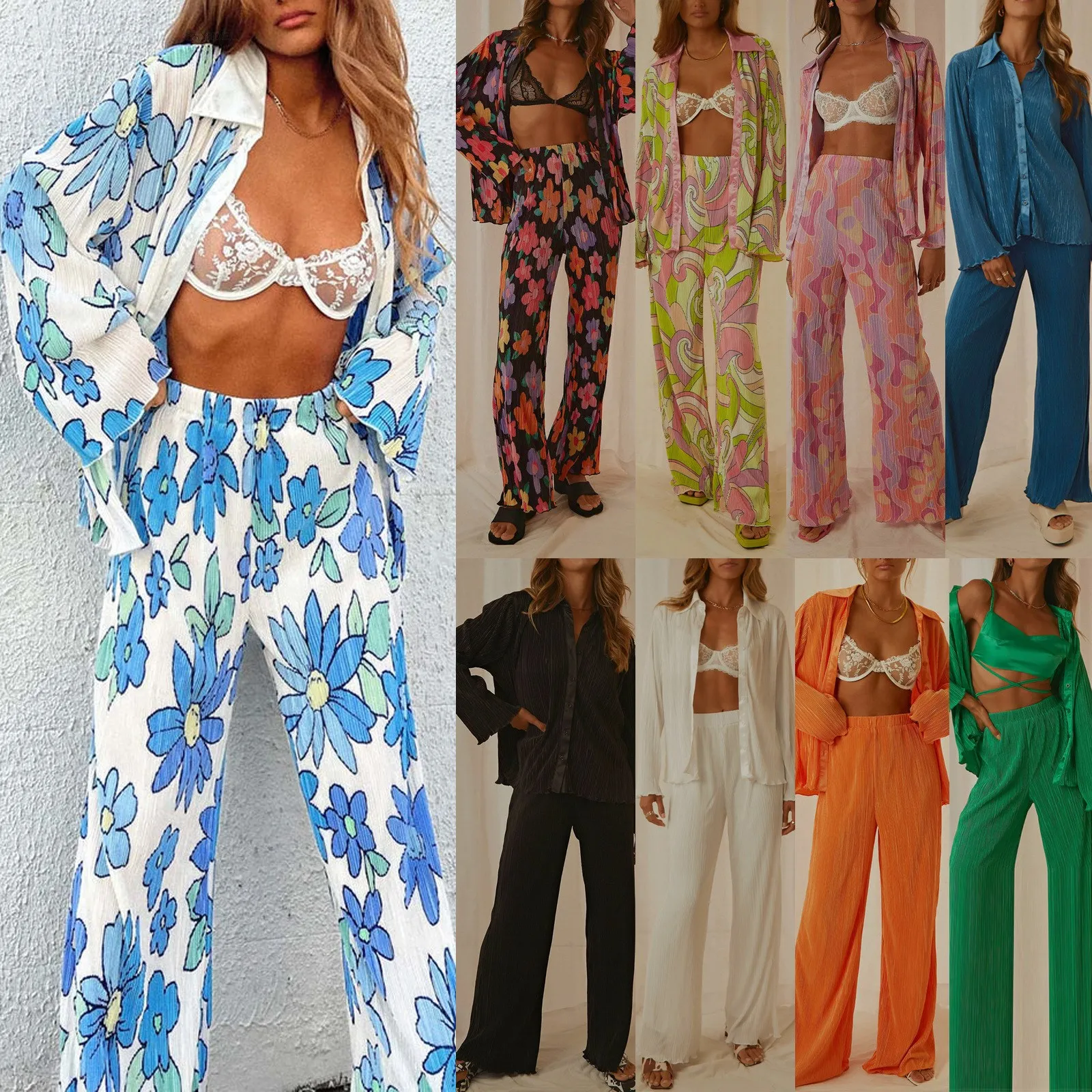 

Women's Floral Print irt Cardigan Two-Piece Set Pleated Top And Trouser Casual Sportswear Summer Faion Trend