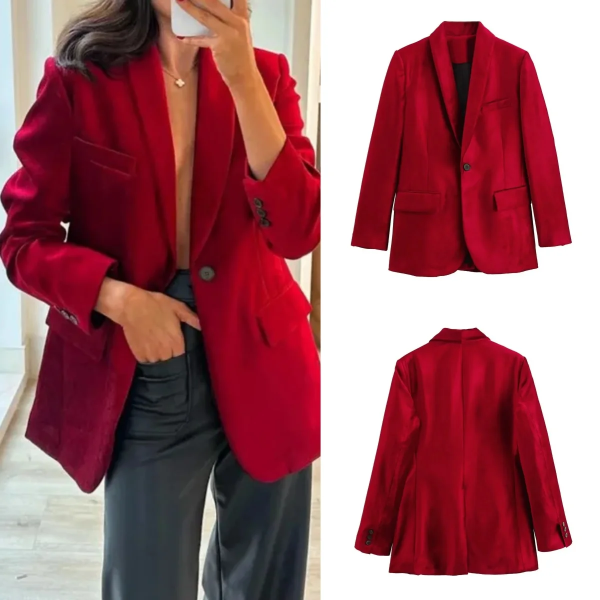 Giacca da donna primavera Chic cappotti colletto rovesciato rosso tasche a maniche lunghe decorare blazer moda femminile con bottone singolo