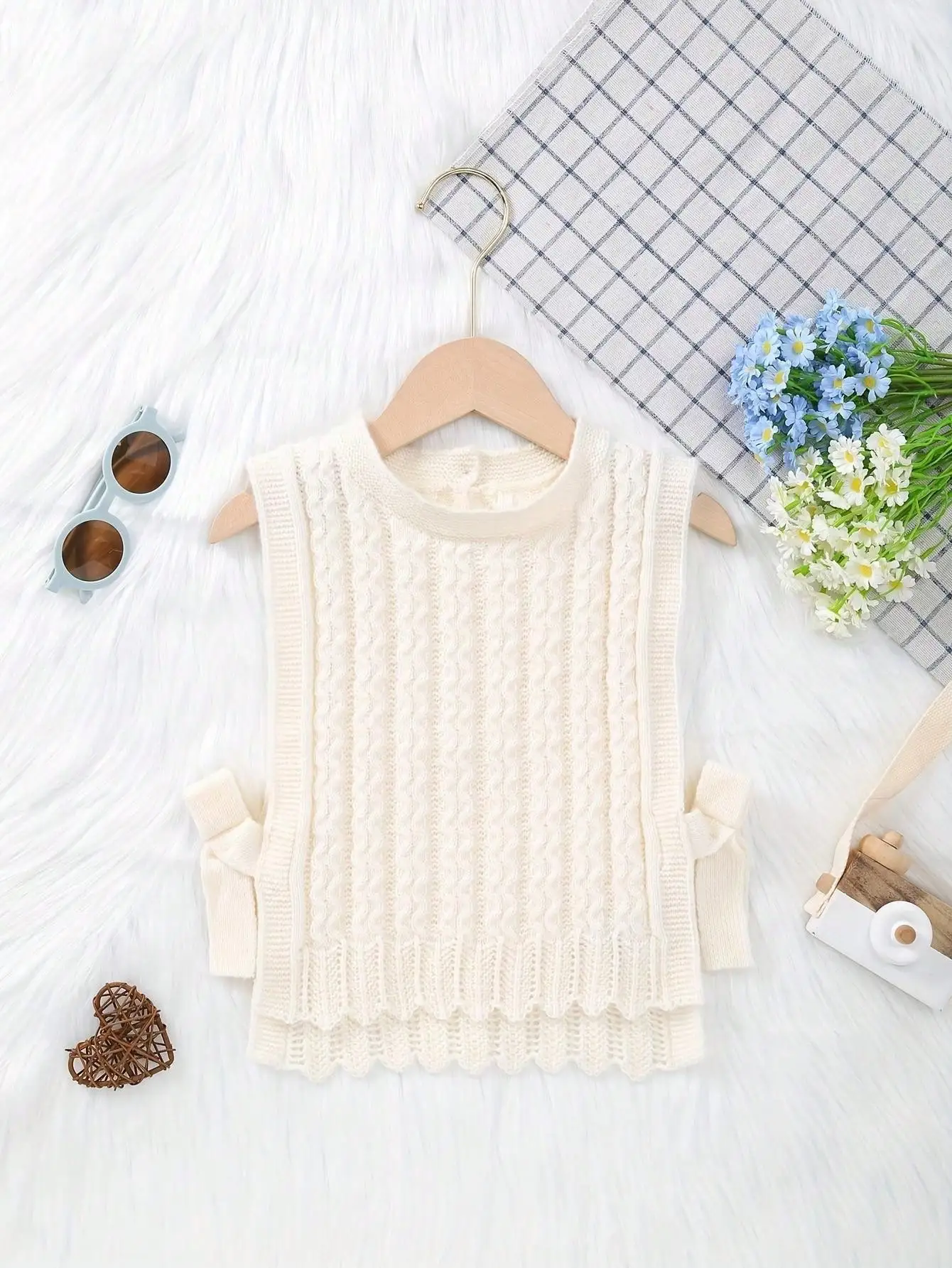 Baby Spring and Summer Casual Sweater with Three-Dimensional Bow and Cable Knit Vest