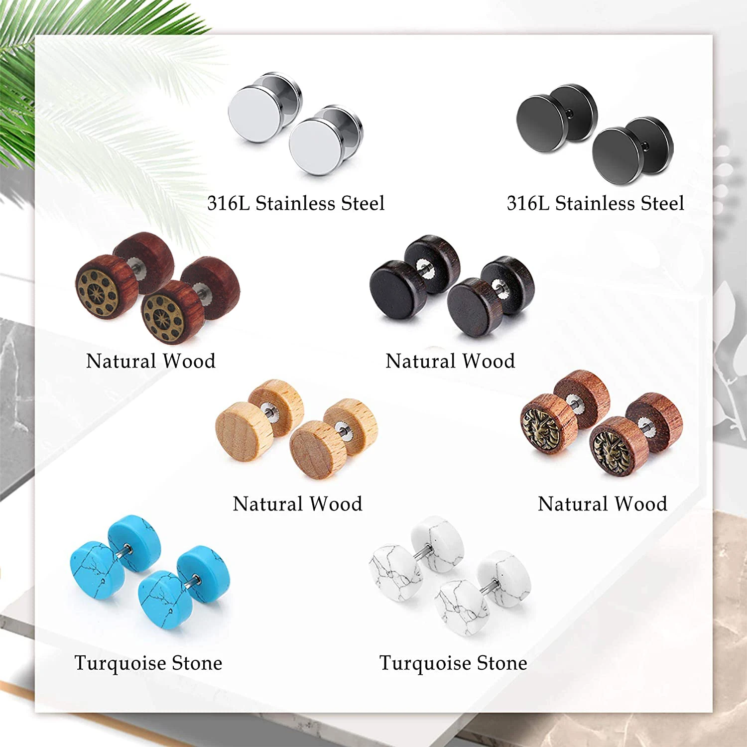 1 Pair 16G Men Women Punk Stainless Steel Wood Turquoise Barbell Stud Earrings Fake Flesh Ear Tunnels Expander Plugs 00G Gauge