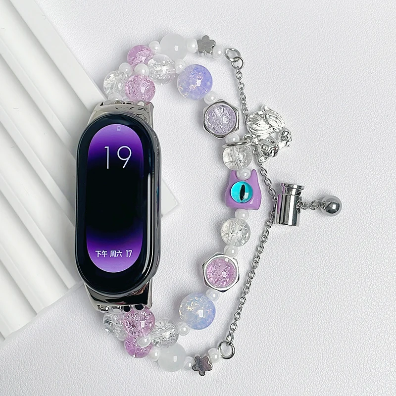 Purple Eye Bead Watchband for Xiaomi Mi Band 9 8 Adjustable Women Bracelet for Miband 7 6 5 4 3 Watch Strap Jewelry Accessories