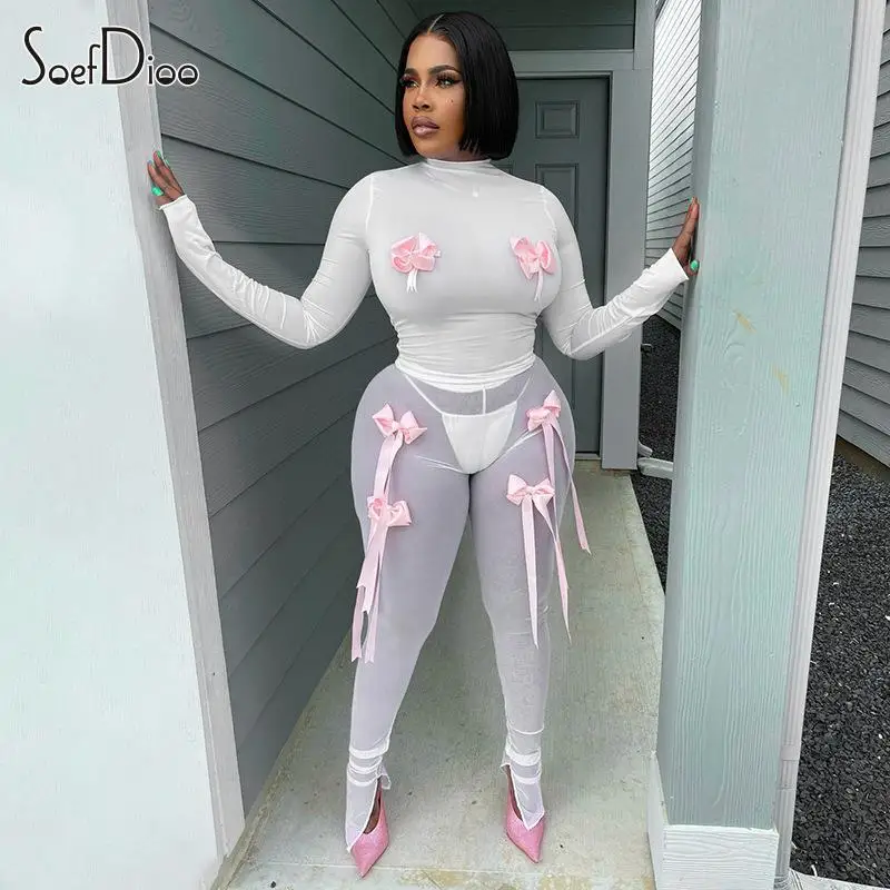 Soefdioo Pink Bowknot Decoration White Two Piece Outfits Women Casual Crop Tops and Mesh Pants Matching 2024 Baddie Outfit Sets