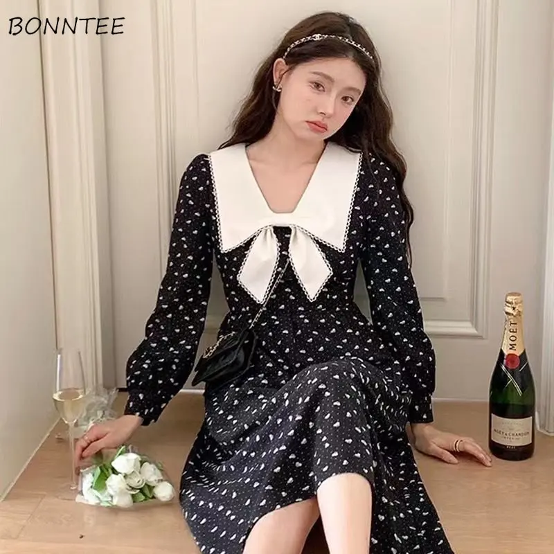 Knee-length Dress Women Vintage French Style A-line Simple Printed Designed Sweet Gentle Girls Elegant OL Streetwear New Spring