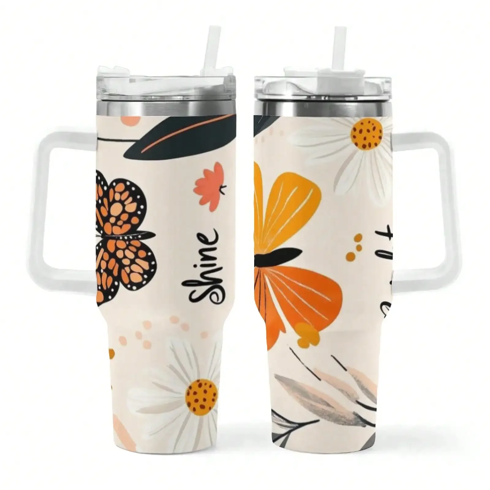 40oz Bright Word Butterfly Daisy Floral Print Insulated Stainless Steel Travel Tumbler With White Handle Straw Lid Large Thermal Water Cup For Women Office Car Gift