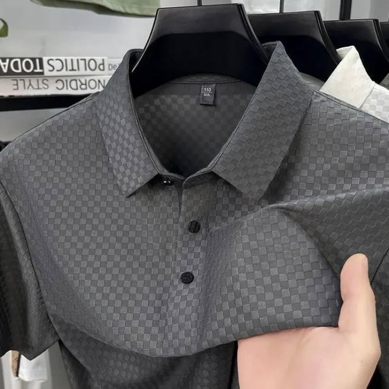 Men's Beige Checkered Polo Shirt Short Sleeve Casual Top