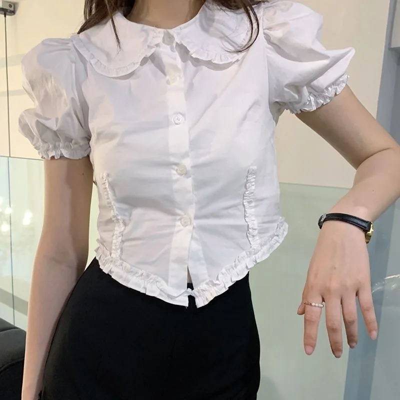 

Shirts Women Preppy Style Peter Pan Collar Fashion Slim Puff Sleeve Chic Y2k College Summer Sweet Girlish Crops Blusas Kawaii