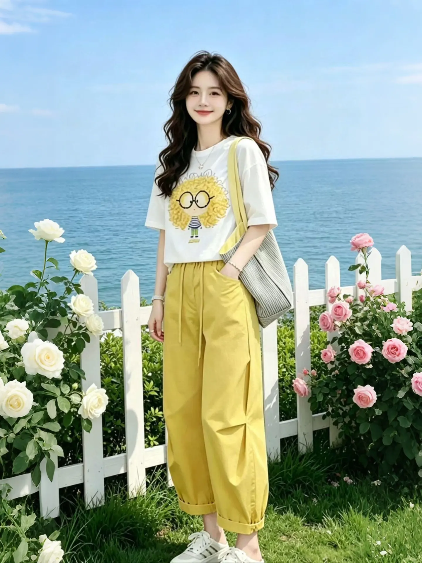 

Fashionable Youthful Printed Short Sleeve T-Shirt Women's Summer 2026 New Stylish Casual Pants Set Breathable High Waist roun...