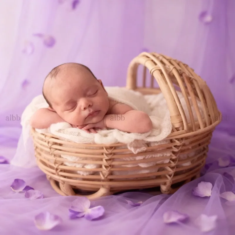 

Newborn Practical Photography Props Handmade Brown Rattan Bed & Basket Baby Furniture Cherished Growth Souvenirs for Shoots Use