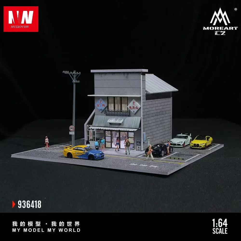 1:64 Garage Diorama Model LED Japanese Candy House Parking Lot Toy Display Case