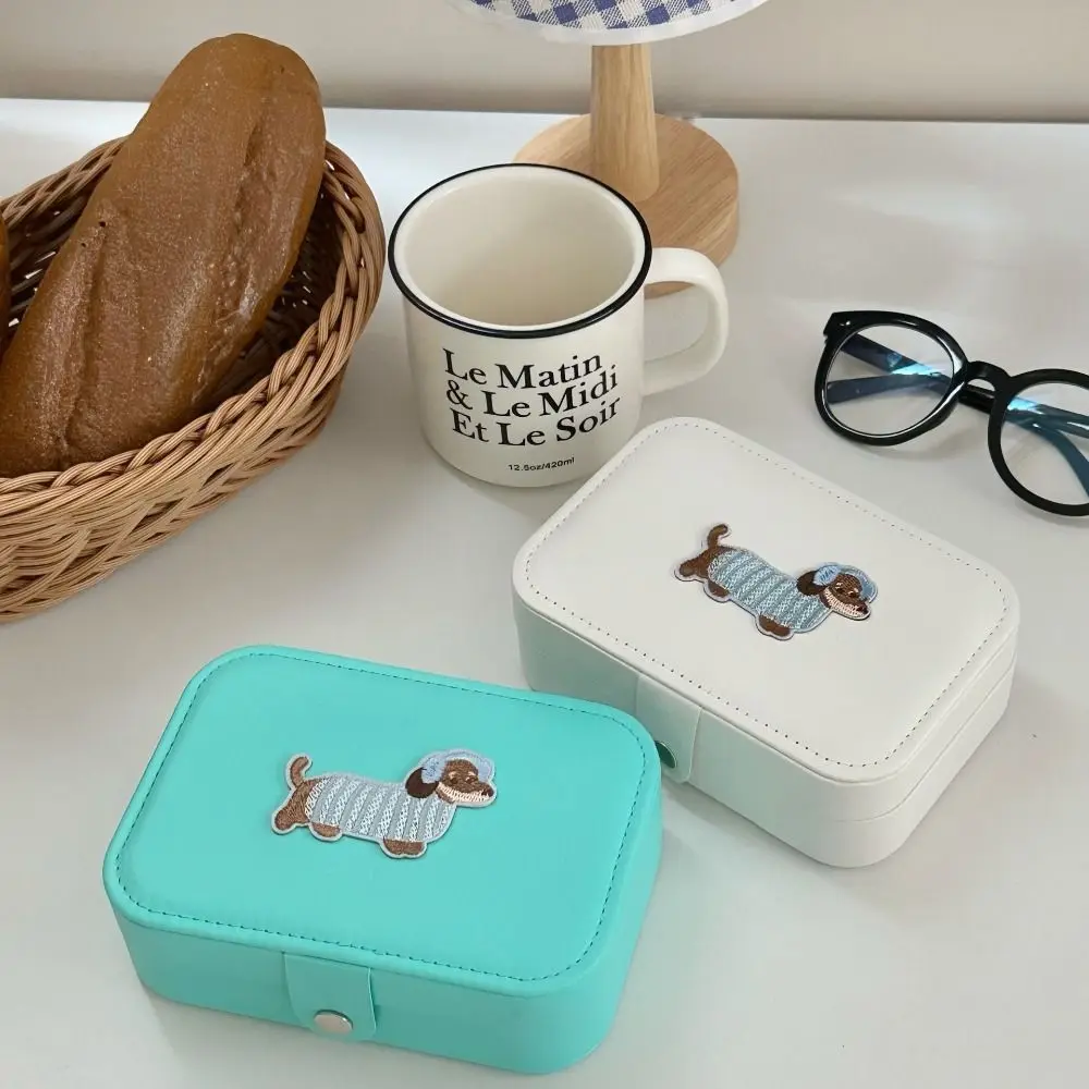 PU Leather Trinkets Storage Organizer Lovely Dog Cartoon Sausage Puppy Jewelry Storage Case Solid Color Large Capacity