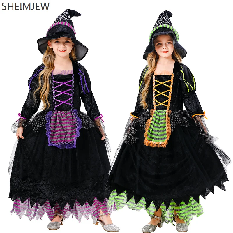 

New Halloween Children Witch Cosplay Costume Girl Carnival Party Stage Performance Outfit Kid Evil Witch Campus Showing Dress Up