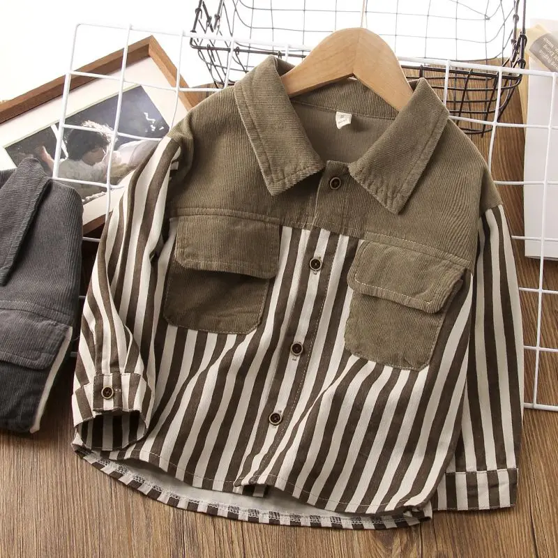 

Spring New Children Corduroy Handsome Color Blocking Lapel Single-breasted Spliced Pockets Long Sleeve Striped Printed Shirt