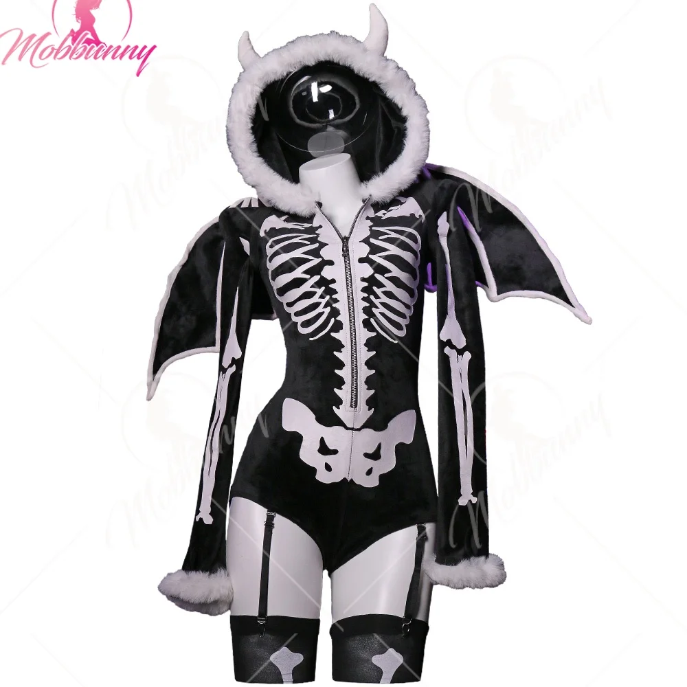

Mobbunny Women's Sexy Lingerie Skeleton Bodysuit Gothic Skull Style Romper and Wings with Thigh Socks and Garters