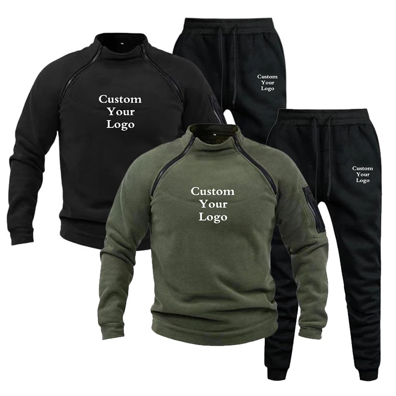 New Custom Logo Solid Color New High-Quality Men's Leisure Sports Round Neck Hoodless Sweater Pullover+Outdoor Running Pants Set