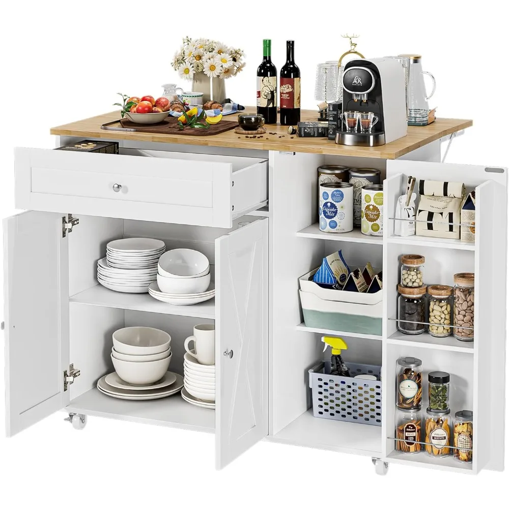 Kitchen Island with Storage, Island Table on Wheels with Drop Leaf, Spice Rack, Drawer, Towel Rack, Rolling Kitchen Island Cart