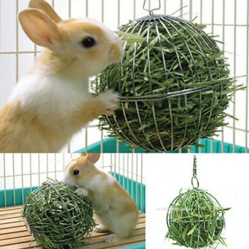 Stainless Steel Pet Rabbit Toy Round Sphere Feed Dispense Exercise Hanging Straw Ball for Guinea Pig Hamster Rat Grass Rack Ball