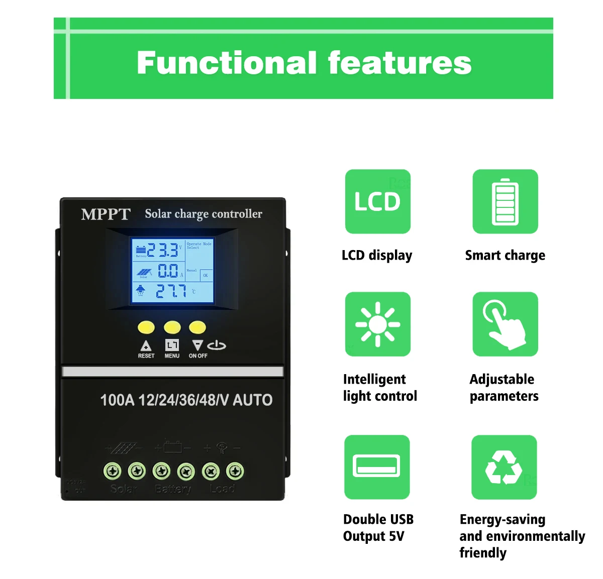 Imagem -05 - Ecgsolax-mppt Controlador de Carga Solar 100a 12v 24v 36v 48v Automático com Dual Usb Regulador do Painel Solar Max pv 90vdc Carregador Rápido