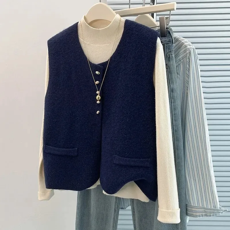 

Autumn Winter Temperament Retro Versatile Sweater for Women Simple Commuter Sleeveless Vest Cardigan Layered with Soft Waxy