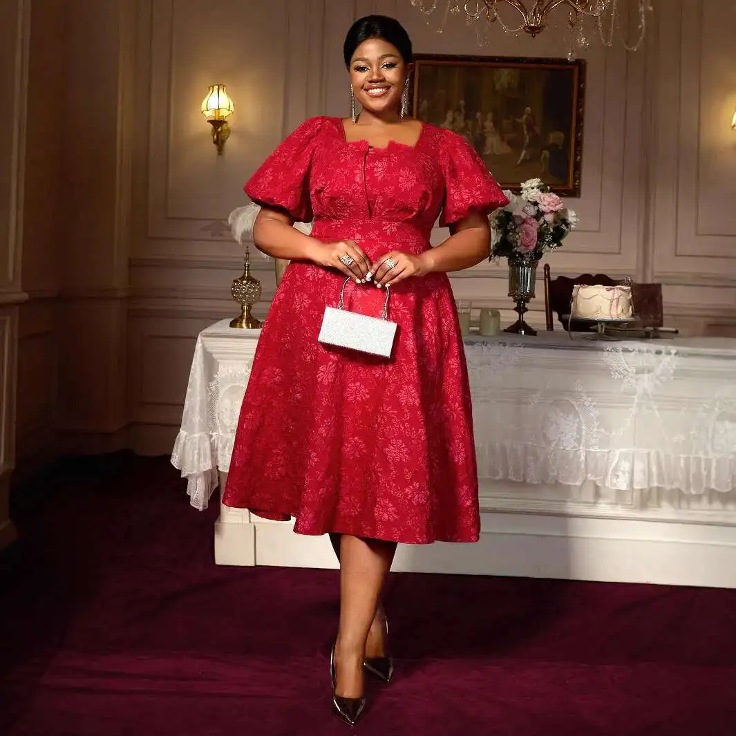 

Plus Size Fashion Party Dress High Waist Slimming Square Neck Puff Sleeve A-line Dress 2025 Party Summer Elegantes Casual Y2k