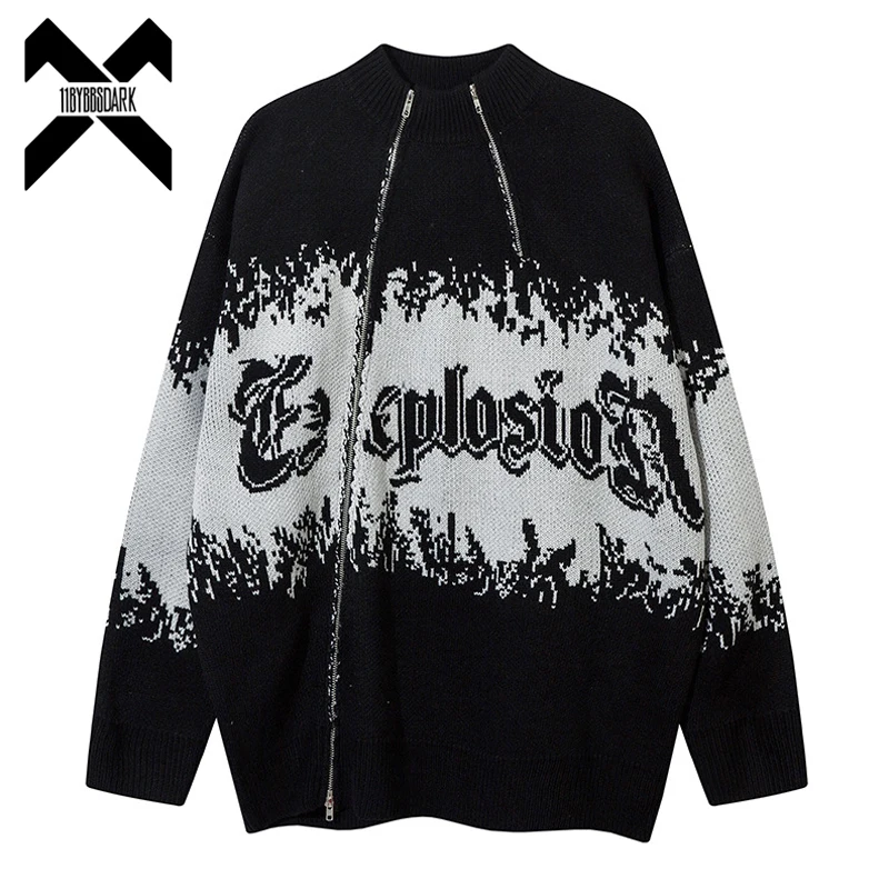 Vintage Letterbedrukte Trui 2024 Herenrits Met Rits, Gebreid Pullovers Oversized Losse Gebreide Trui Hiphop Streetwear