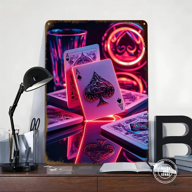 Ace of Spades Neon Tinplate Posters Customizable Wall Art Retro Vintage Metal Signs for Home Room Garage Decoration Gaming Cozy