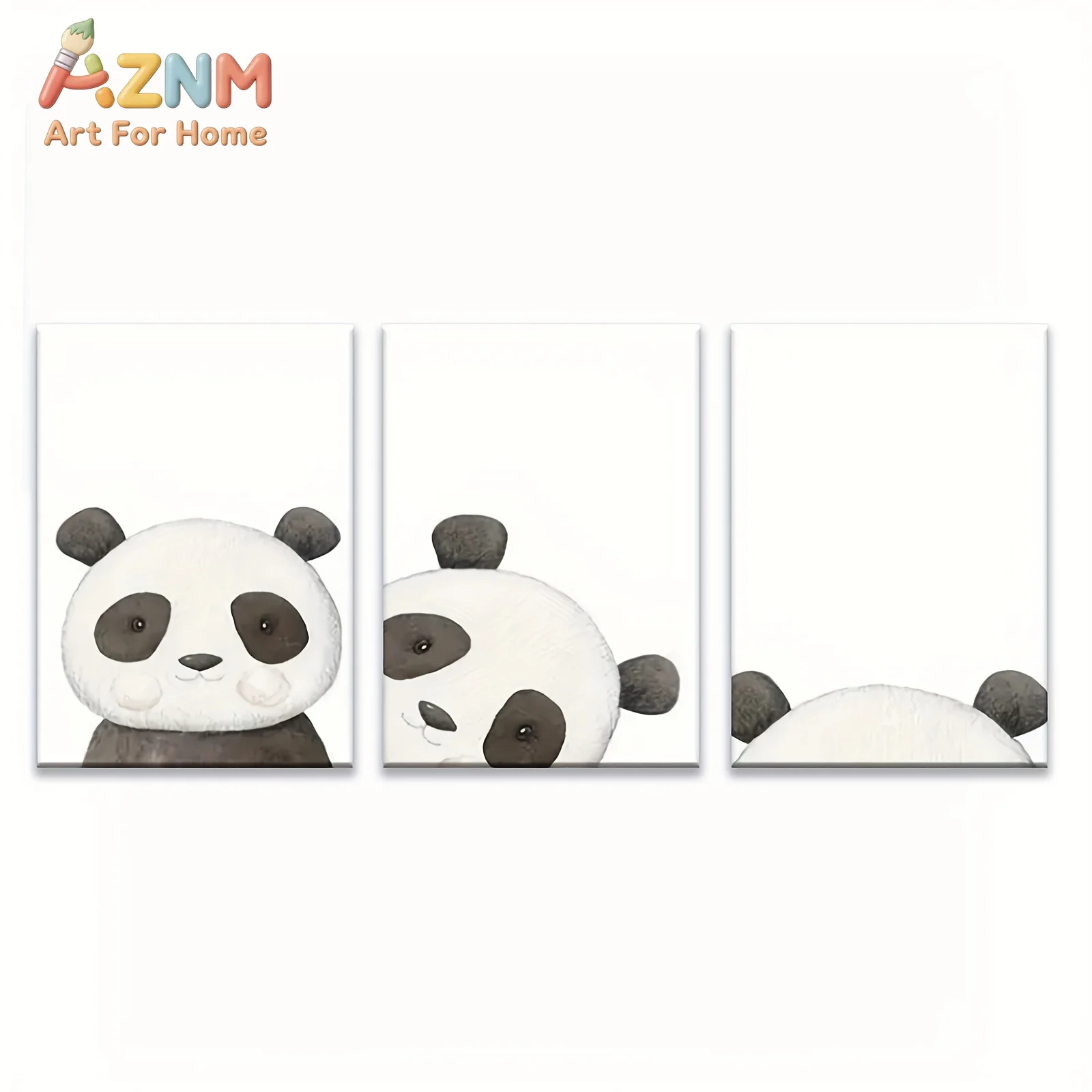 AZNM Peeking Panda Canvas Wall Art Cute Animal Cartoon Watercolor Frameless Canvas Painting Nursery Kids Room Home Decor Poster