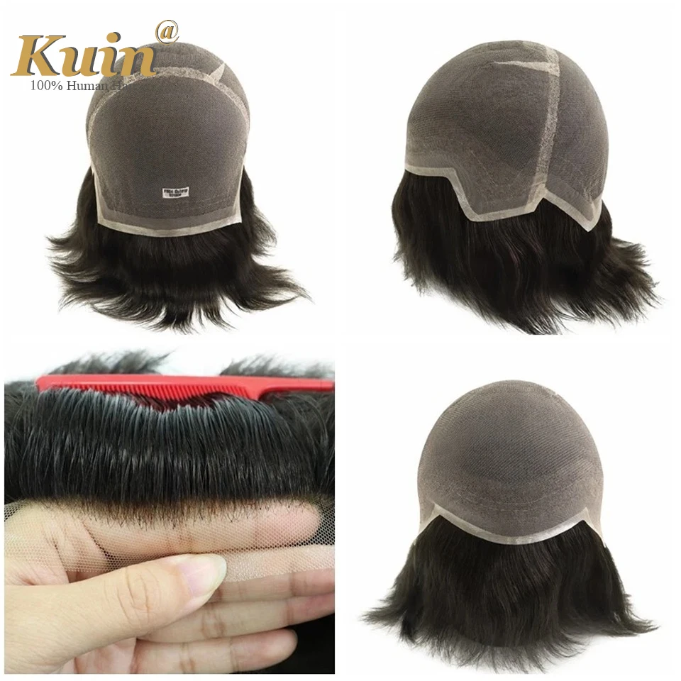 Wig Rambut Penuh 6" French Lace Ukuran Sedang Full Cap Pengganti Rambut Untuk Pria Botak Prostesis Kapiler Rambut Untuk Pria