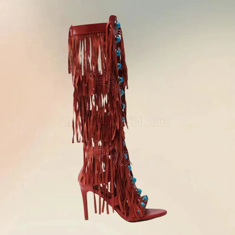

Metal Beads Red Tassels Open Toe Sandals Boots Back Zipper Women Shoes Thin High Heels Party Banquet 2025 Zapatos Para Mujere