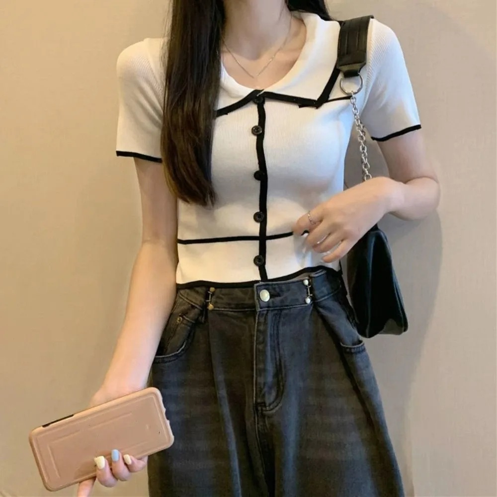 

Flip Collar Short Sleeve Crop Top Slim Fit Ins Stripe Knitted T-shirt Bottoming Shirt Female Clothing Knitwear Women Female