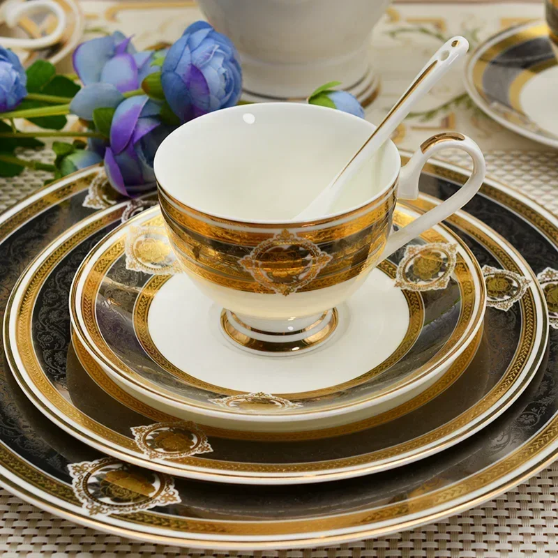 17pcs high quality luxury flower design black embossed gold bone china tea set coffee set for afternoon tea