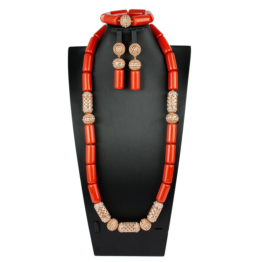 Single Gemstone Long Necklace for Women High Quality Artificial Coral Beads African Wedding Jewelry Set Nigeria Bride Jewelry