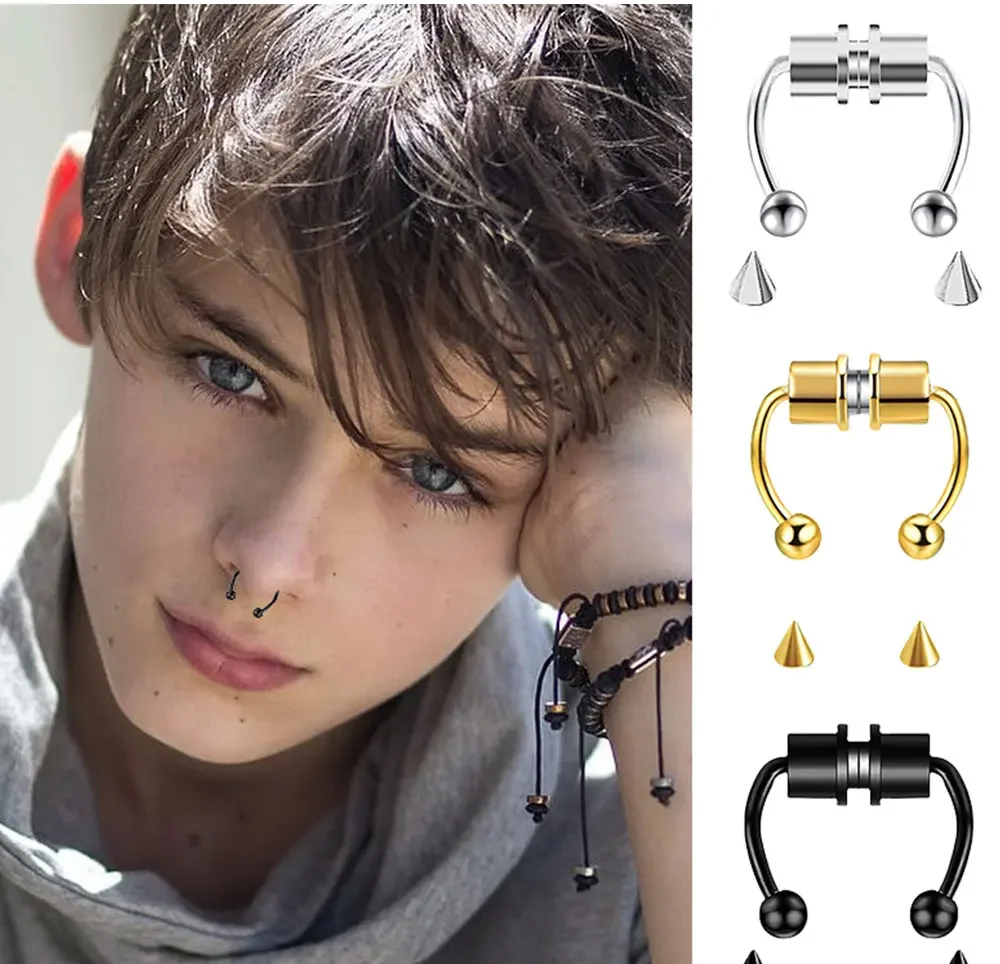 2pc Women Fake Piercing Nose Ring Hoop Septum Non Piercing Nose Clip Rock HipHoop Stainless Steel Magnet Punk Body Jewelry