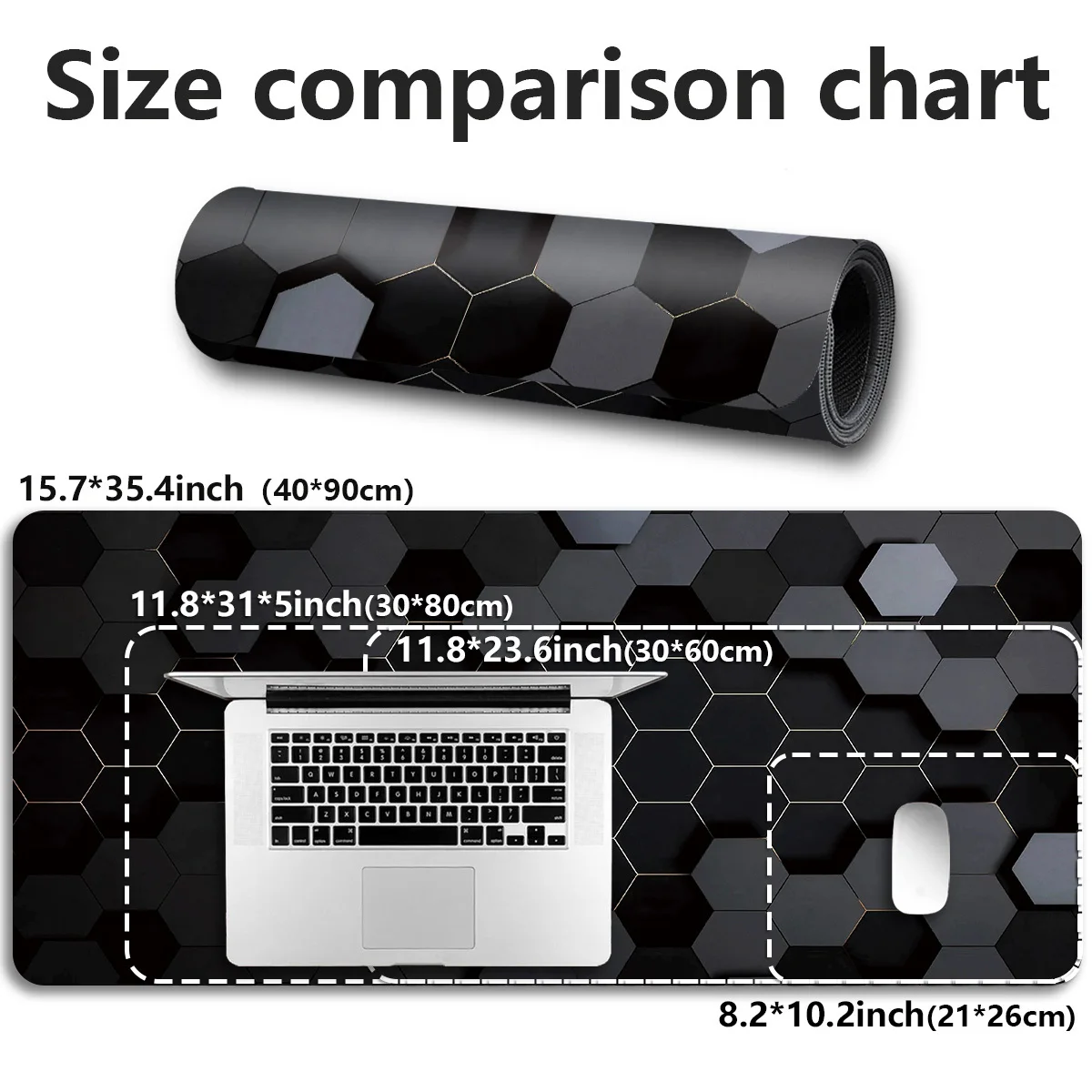 Black Hexagon Extended Gaming Mouse Pad Non-Slip Rubber Desk Mat for PC Laptop Office Home