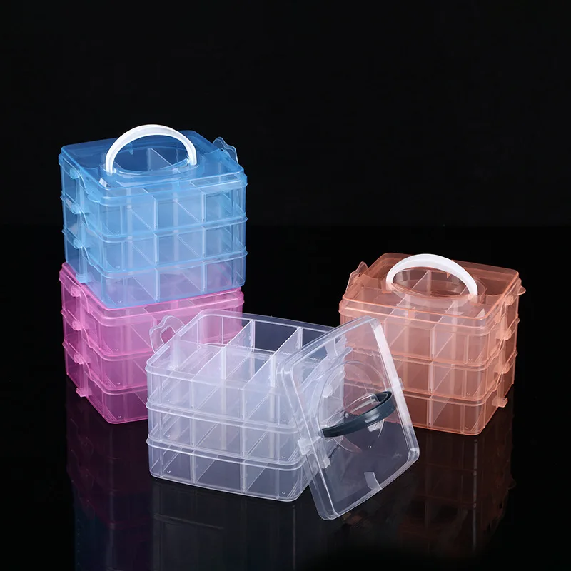 

3-Tier Transparent Stackable Adjustable Storage Box 18 Compartment Slot Plastic Craft Organizer Snap-lock Tray Container 4 Color