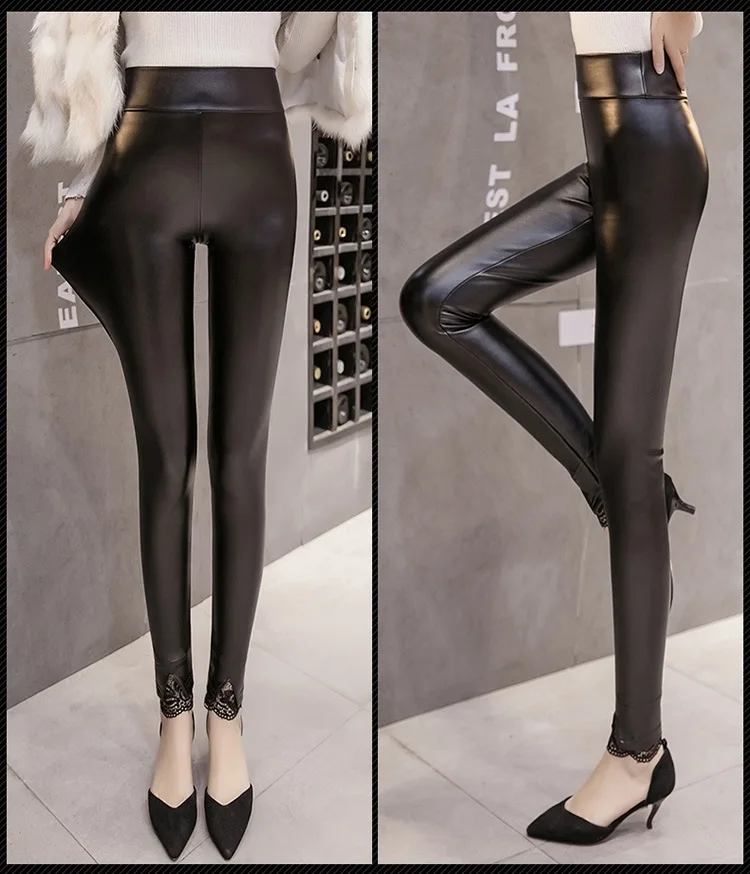 Leggings en cuir PU noir pour femmes, pantalon crayon, taille haute, Sexy, slim, mince, en dentelle, grande taille