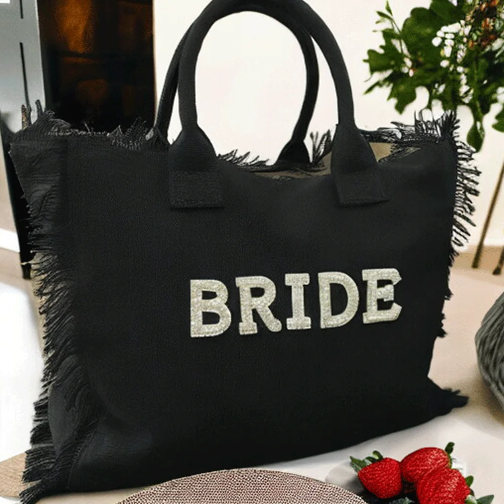 

BRIDE Fringe Tote for Women's WIFEY Canvas Beige Tote Bag Rhinestones Letters Bride to be Black Canvas Travel Tote Bag Honeymoon