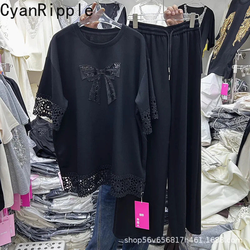 

New Spring Summer Women Two-piece Set Diamonds Bow Hollow Out Lace Short Sleeve T-shirt Top + Elastic Waist Casual Long Trousers